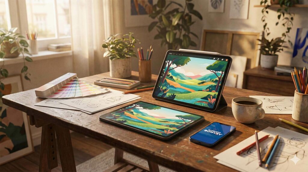 設計師繪圖桌上的 iPad Pro 與萬豪旅享家手機畫面